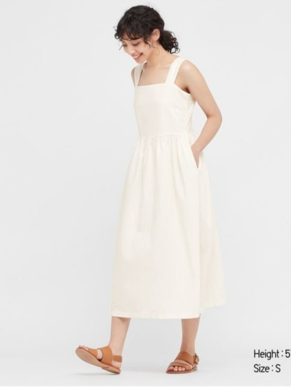 Uniqlo Cream Square-Neck Midi Dress with Wide Straps